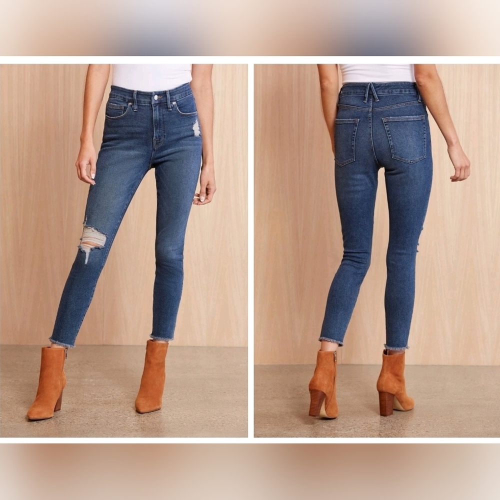 New Good American Good Legs Crop Fray Hem Distressed Jeans